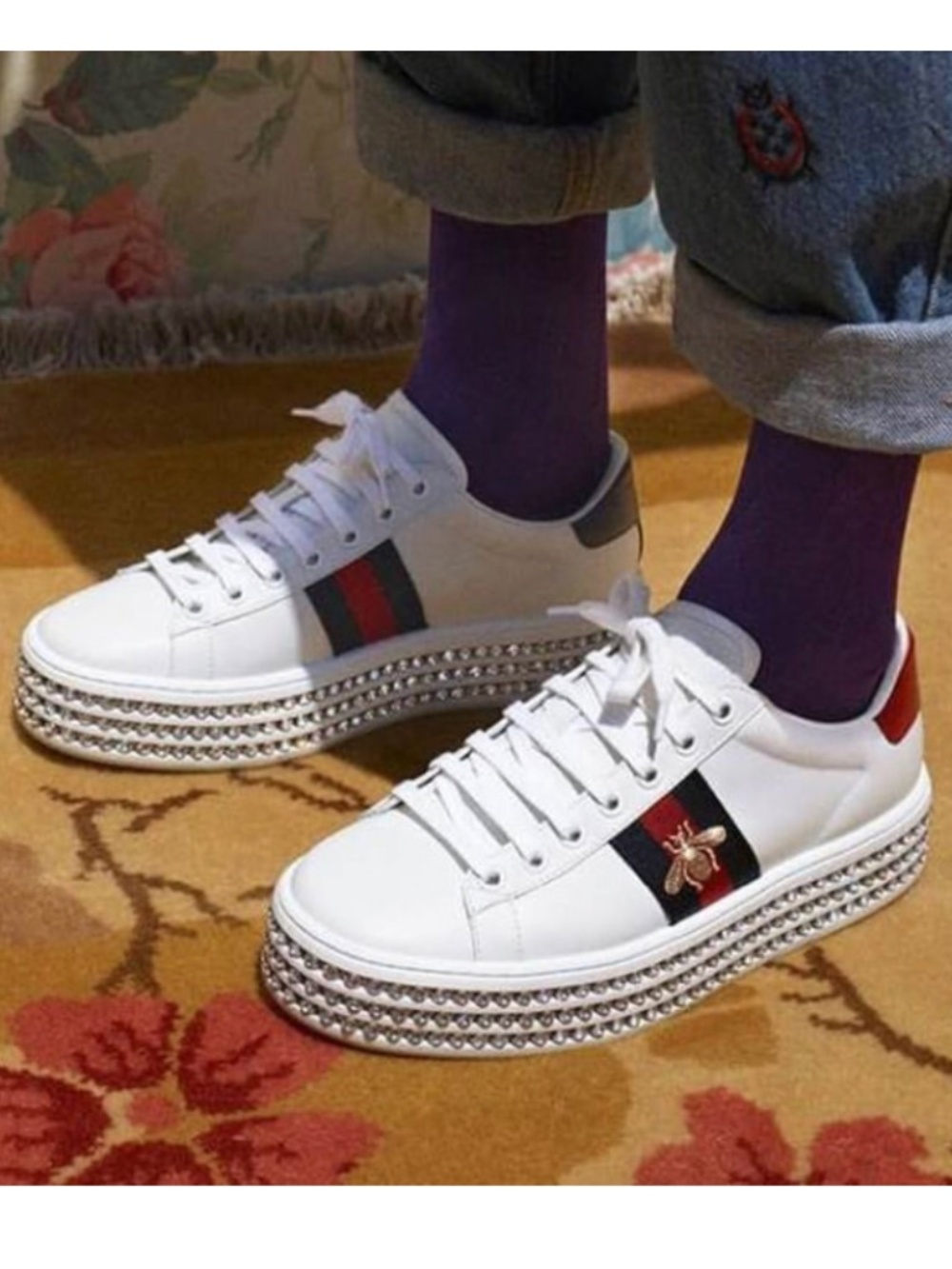 Gucci Ace Platform Sneakers Crystal Embellished Leather Size 39